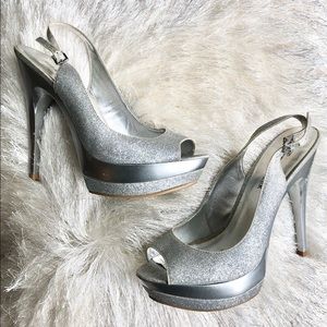 Jeffery Tyler Silver Glitter Heels Size 7.5